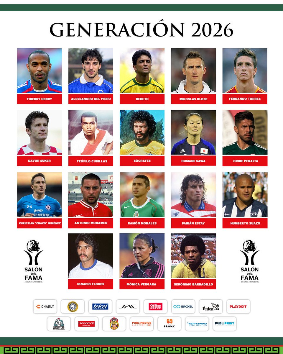 🟢 | Te presentamos a las 18 leyendas que conformarán la 14ª generación del Salón de la Fama del Futbol Internacional. 
 
🎖️ Agradecemos a nuestro distinguido Comité de Honor y Comité de Votación.
🤝🏻 Agradecemos a los patrocinadores y colaboradores que forman parte del Salón de