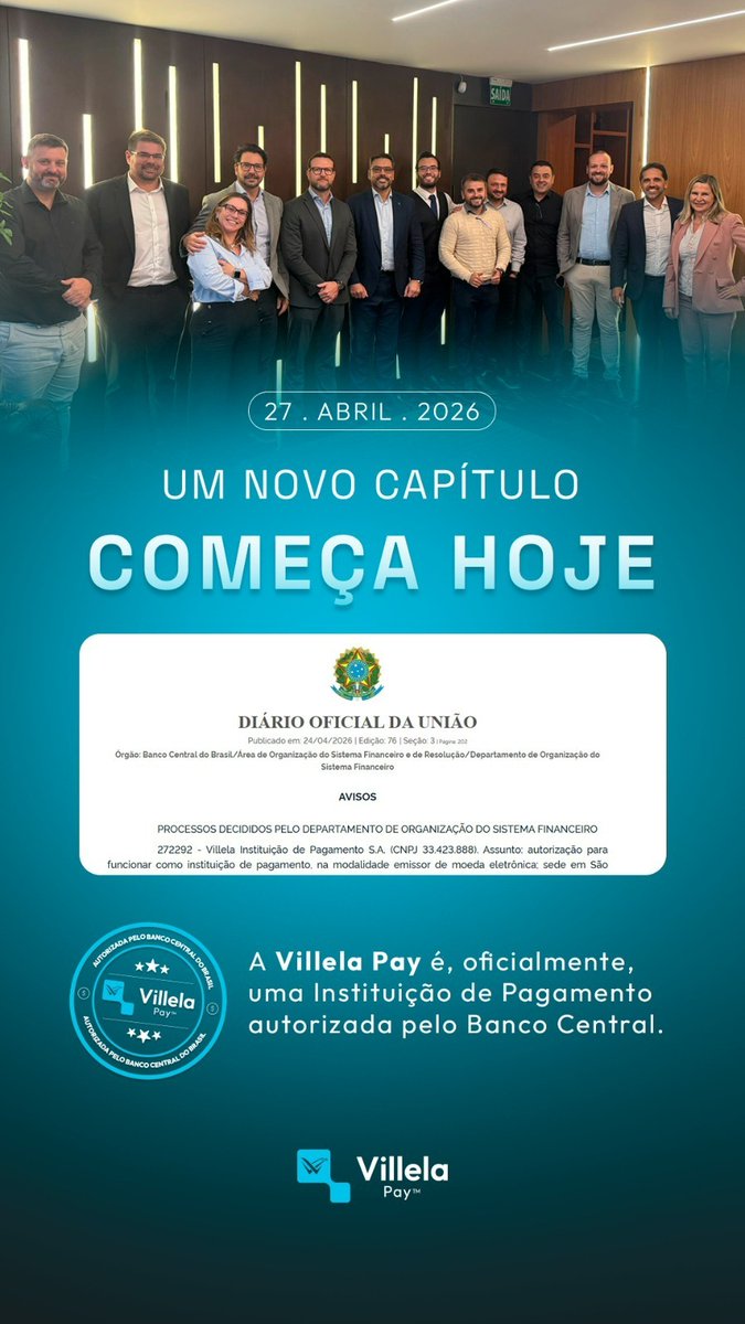 ptbasantos's tweet photo. Hoje é um marco🚀
A Villela Pay agora é autorizada pelo BCB como Instituição de Pgto.
Na prática? Mais segurança, transparência e confiança para você.
Seguimos ajudando empresas a recuperar capital e melhorar o fluxo de caixa, agora com reconhecimento oficial.
Pode confiar. https://t.co/G7wQaW6WO4