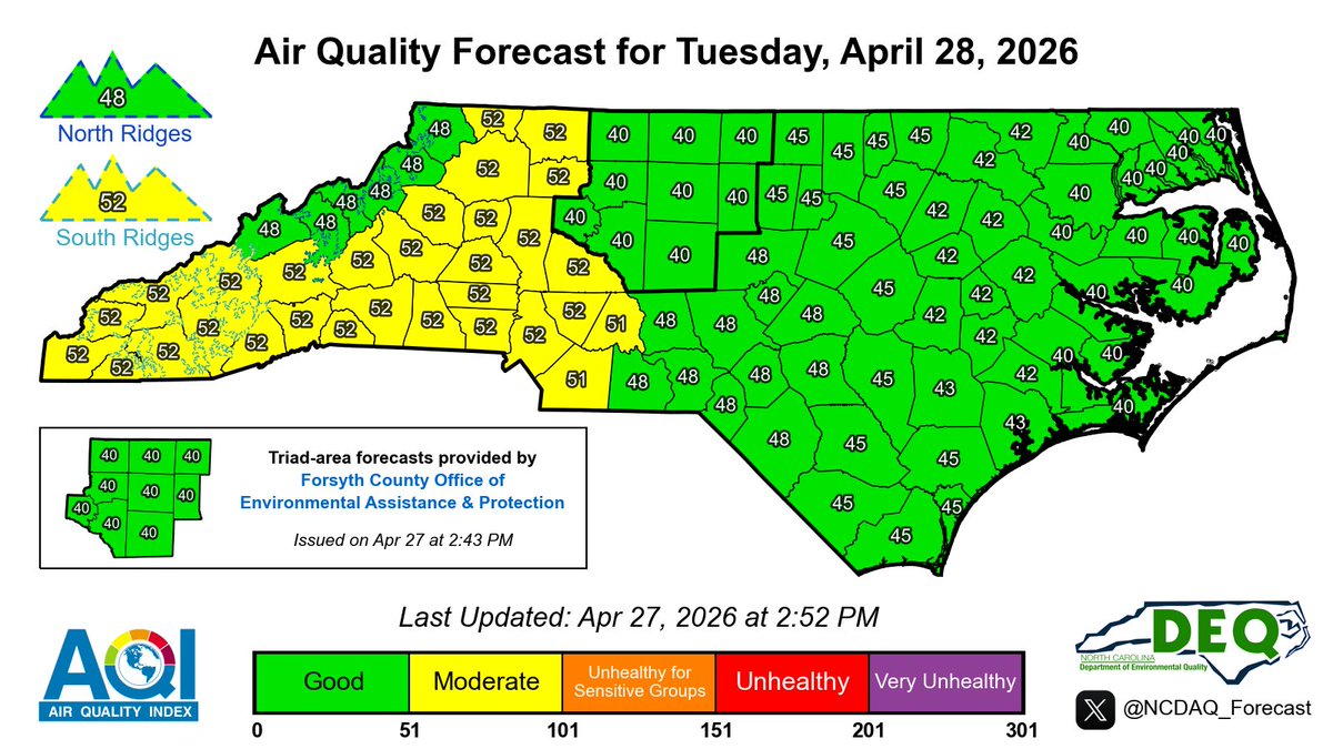 NCDAQ_Forecast's tweet image. Here is the latest NC Air Quality Forecast for Tuesday, 4/28/2026
#ncwx #airquality #AQI

For our discussion &amp;amp; KML files: airquality.climate.ncsu.edu/discussion/?is…