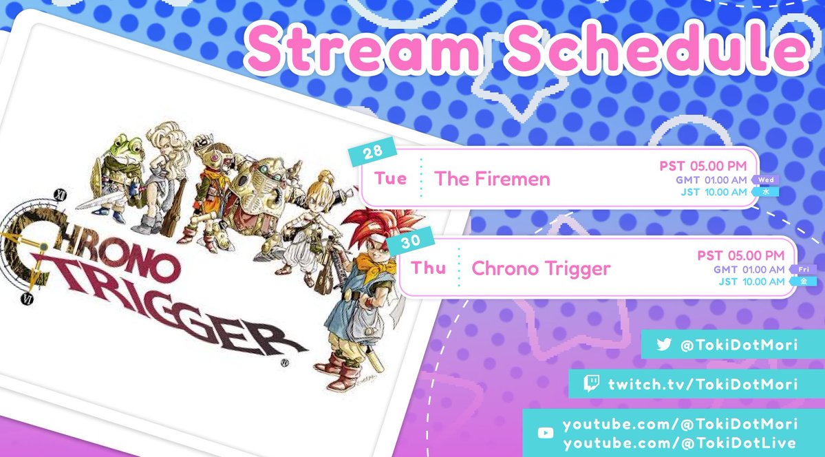 TokiDotMori's tweet image. 📅THIS WEEK'S SCHEDULE📅
After polling it looks like we're starting Chrono Trigger this week!
I saw #Discourse about it not being as good as people say it is, so I'm excited to see if twitter users are dumb, or it's actually one of the greatest JRPGs of all time like they say