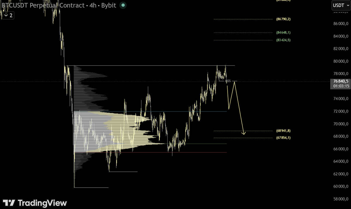Corezonein's tweet image. 🔸BTC has formed an MSS on the 4H. 
▪️The first important support for me is the VAH (blue line), followed by the OTE zone, which overlaps with the HTF OB and the POC area, a solid POI where I’d definitely be looking for longs.
#BTC #TradingView #Crypto