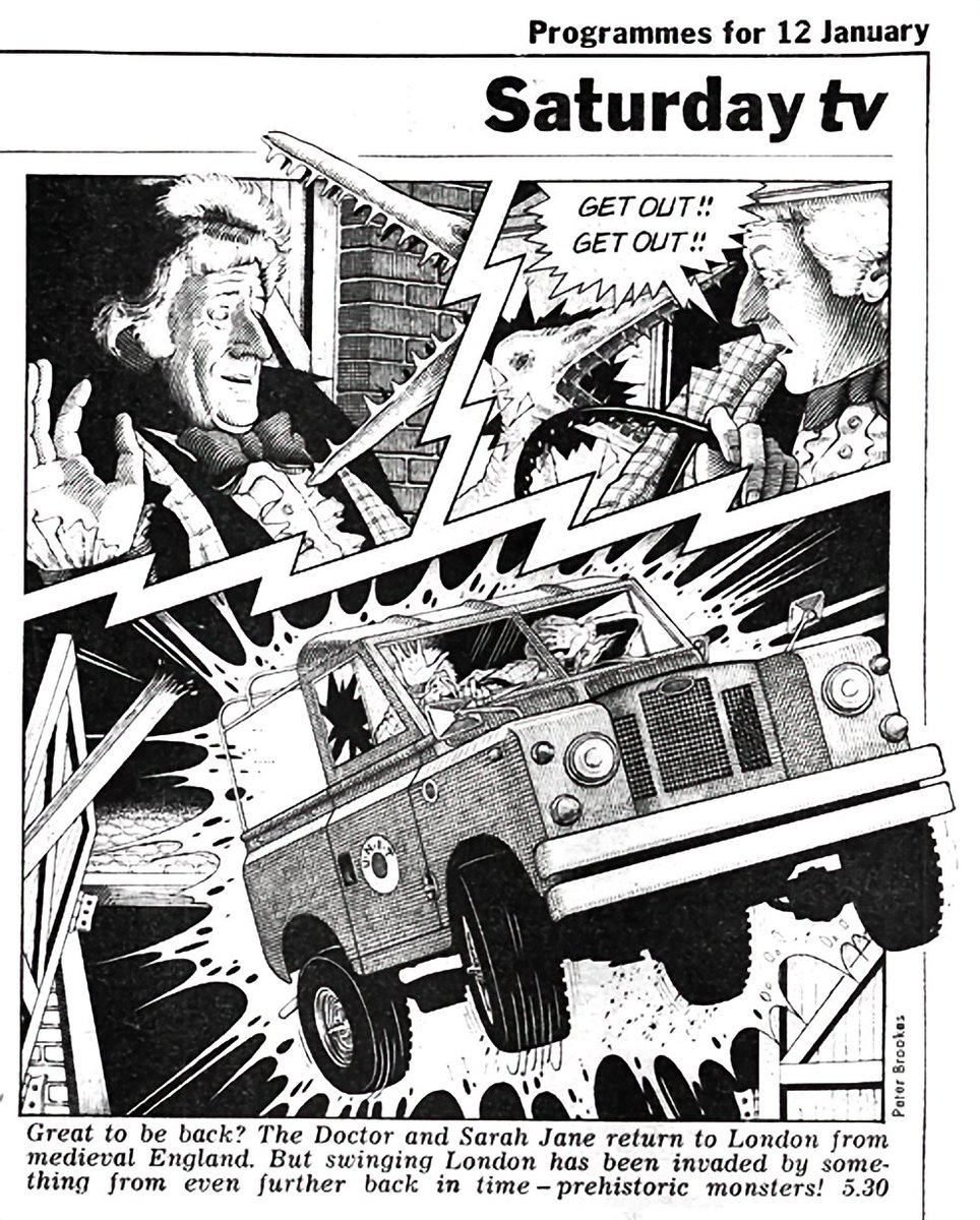 CleoWho's tweet image. Episode 1 of 'Invasion of the Dinosaurs' was just titled 'Invasion' to avoid spoiling its shock T-Rex cliffhanger.
But...
"...swinging London has been invaded by something from even further back in time - prehistoric monsters!" - Radio Times, 12-19 Jan 1974 edition. #doctorwho