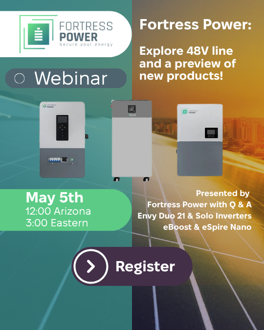 NAZSolarElec's tweet photo. We are teaming up with Fortress Power for a live webinar to walk you through the latest additions to the Fortress Power lineup. Take advantage of a special attendee discount.
Register today — this offer is exclusive to webinar attendees: https://t.co/tepOHXa8Dp
 #Webinar https://t.co/fBCR6f2vj4