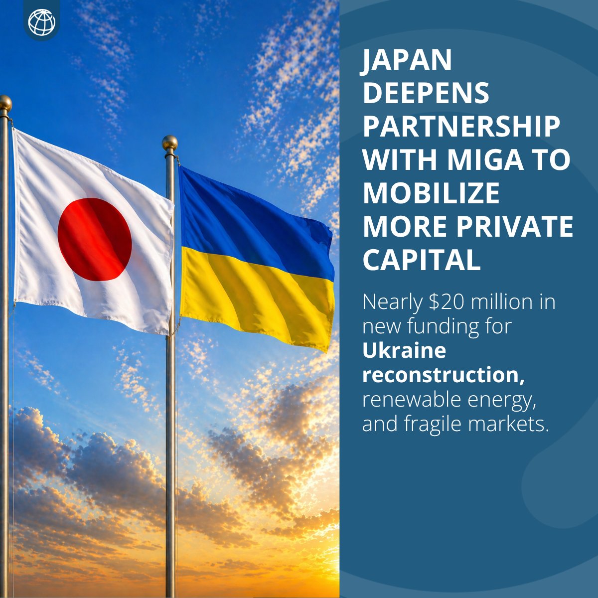 MIGA's tweet photo. Japan deepens commitment to MIGA with nearly $20 million in new funding for political risk insurance and trade-finance guarantees. 

What this means on the ground:
✅ $10 million bolstering Ukraine's reconstruction and economic recovery
🌍 Expanded access to de-risked investment in lower-income and frontier markets
⚡ Accelerated financing for renewable energy

🔗 Learn more: https://t.co/lh18eFIv0J