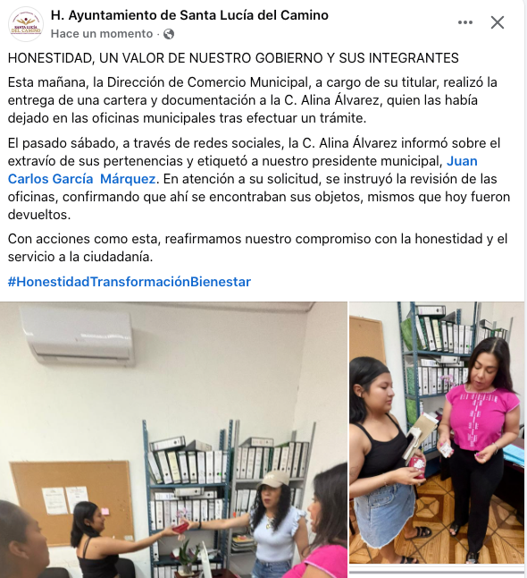 HONESTIDAD, UN VALOR DE NUESTRO GOBIERNO Y SUS INTEGRANTES

Esta mañana, la Dirección de Comercio Mpal, a cargo de su titular, realizó la entrega de una cartera y documentación a la C. Alina Álvarez, quien las había dejado en las oficinas municipales tras efectuar un trámite.