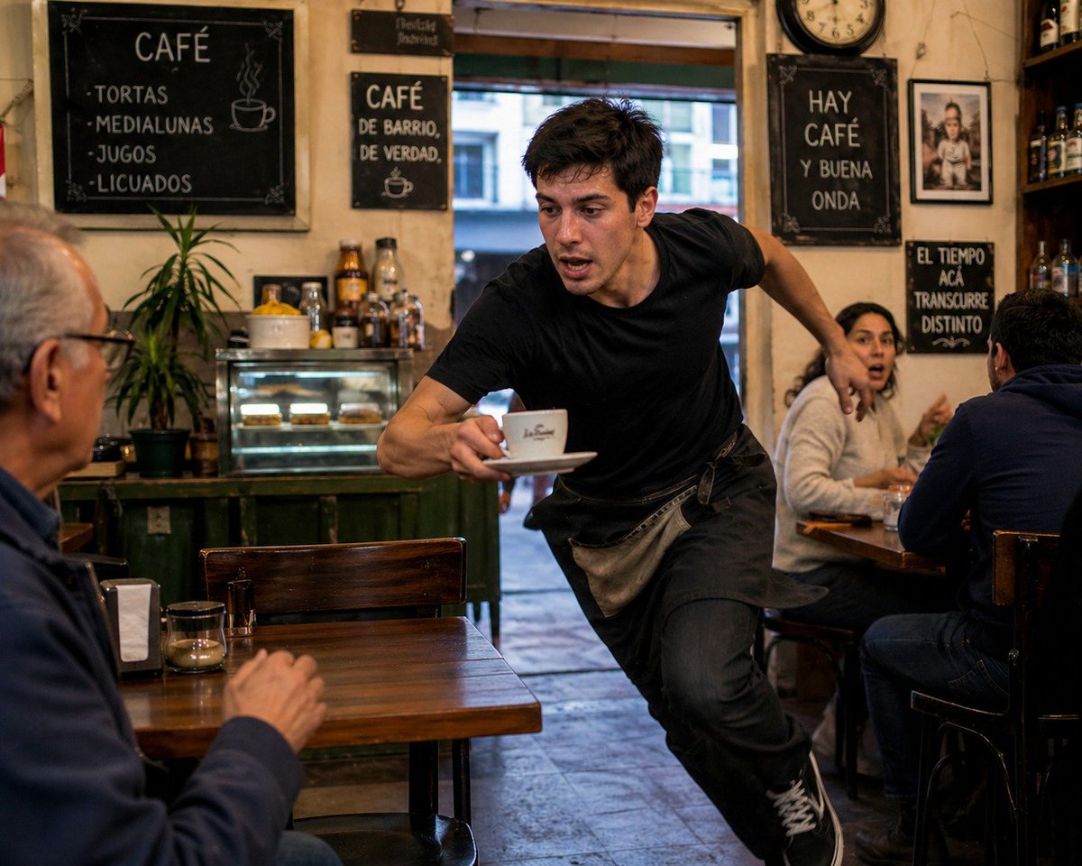 Aqui tiene su café caballero, se lo tiene que TRAGAR y pagar la cuenta en 3.5 MINUTOS ya que debemos facturar 17 cafes POR HORA si queremos ganar lo que nos dijo Giorgio Jackson