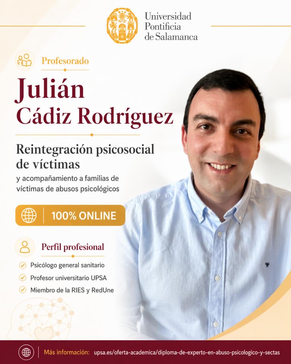 Julycr16's tweet photo. Diploma de Experto en Abuso Psicológico y Sectas de la @upsa es el estándar de excelencia para psicólogos y profesionales que buscan dominar las dinámicas de manipulación y persuasión coercitiva.
Especialízate en una institución de prestigio internacional.
https://t.co/9ZMUsDX5fJ https://t.co/5JVWsHzPMd