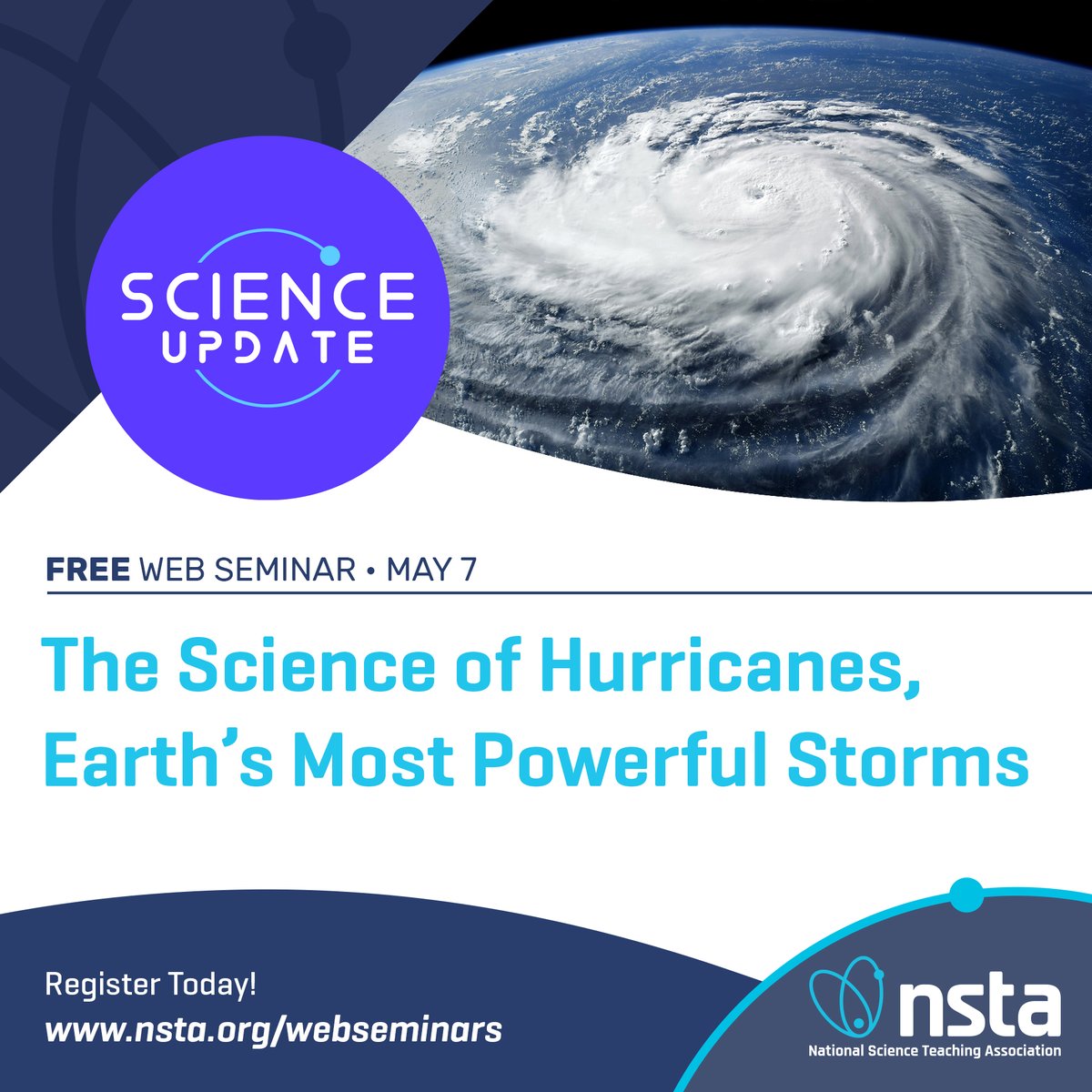 NSTA's tweet image. 📅 Weekly Web Seminar Roundup

🔬 May 6 — STEMM careers &amp;amp; future pathways
🌪️ May 7 — The science of hurricanes

Two upcoming web seminars to bring real-world science into your classroom.

Register ➝ bit.ly/3OSwdf0

#NSTA #ScienceEducation #STEM