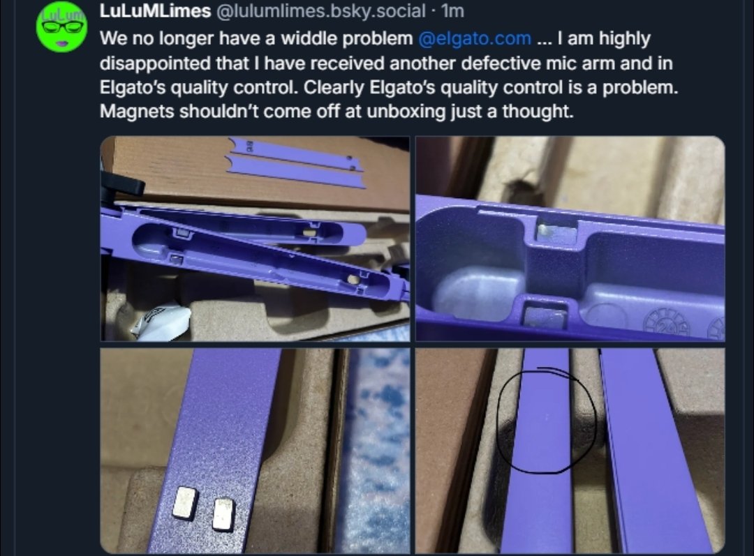 SubnormalAtom's tweet photo. Hey @elgato, this is unacceptable.

A friend of mine ordered a Wild Lavender LP Mic Arm and received it rusted out of the box. You sent a replacement, and a month later it showed up scuffed, scratched, with magnets literally detached inside the arm.

This isn't bad luck, it's a pattern. Your quality control is clearly failing here, and it raises concerns about what else might be slipping through.

Two defective units in a row shouldn’t happen. Please fix this immediately.