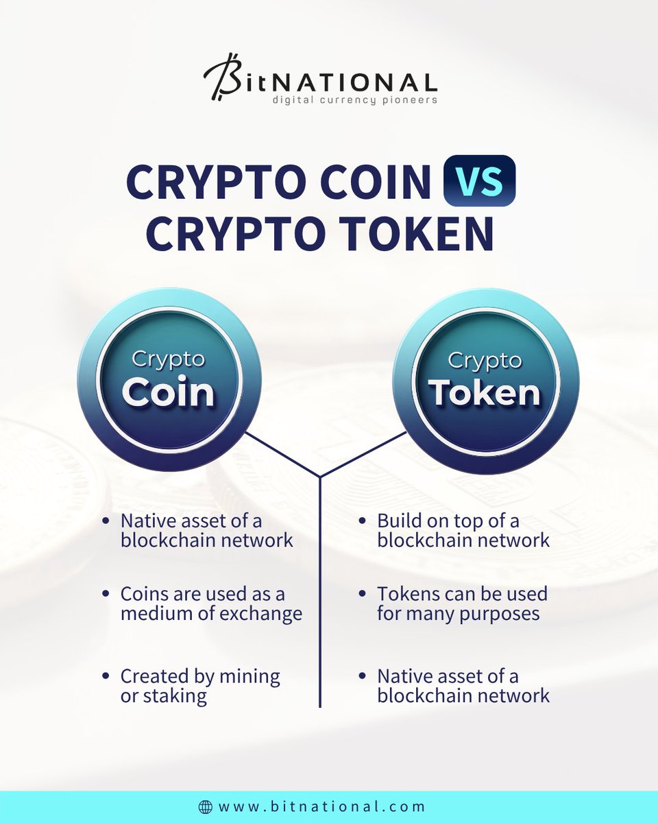 BitNational's tweet image. 𝐂𝐨𝐢𝐧 𝐯𝐬. 𝐓𝐨𝐤𝐞𝐧: Do you know the difference? 🤔⁣
⁣
Save this post for your next crypto deep dive and let us know your favorite project in the comments! 👇⁣

#cryptoeducation #cryptocoin #cryptotoken