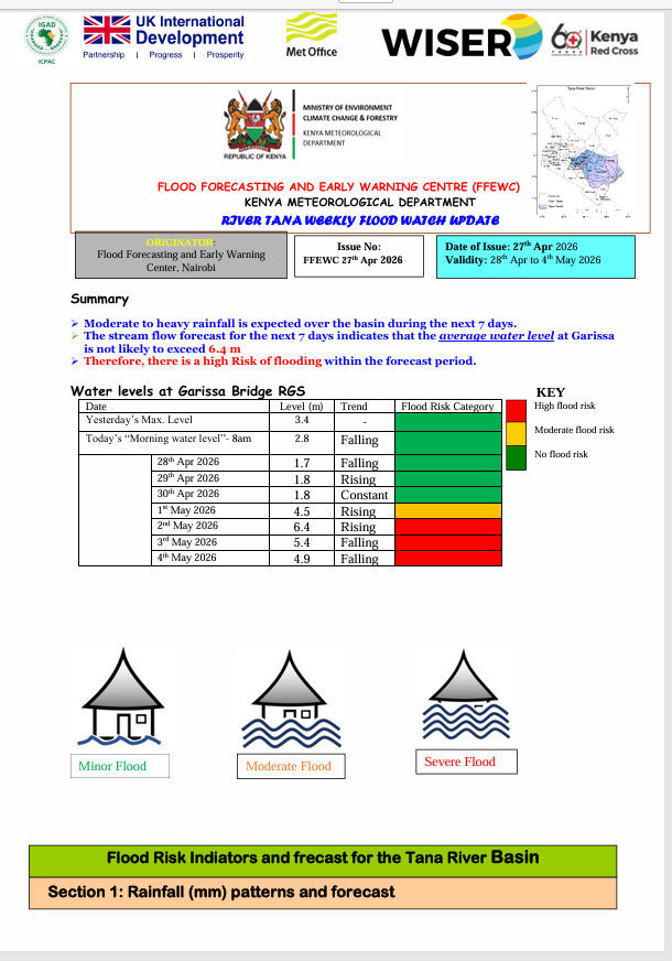 MeteoKenya's tweet photo. ⚠️Flood watch for Tana Basin

Moderate to heavy rainfall is expected over the basin during the next 7 days.
· The stream flow forecast for the next 7 days indicates that the average water level at Garissa is not likely to exceed 6.4 m
· Therefore, there is a high Risk of flooding within the forecast period.
· The Forecast indicates that in the next 7 days water levels at Saka will reach around 4.8 m, while at Garissa it’s expected to reach an average of 6.4 m, at Hola its expected 5.1 m and at Garsen 4.2 m.  Therefore, there is a High Risk of Flooding within the forecast period.
