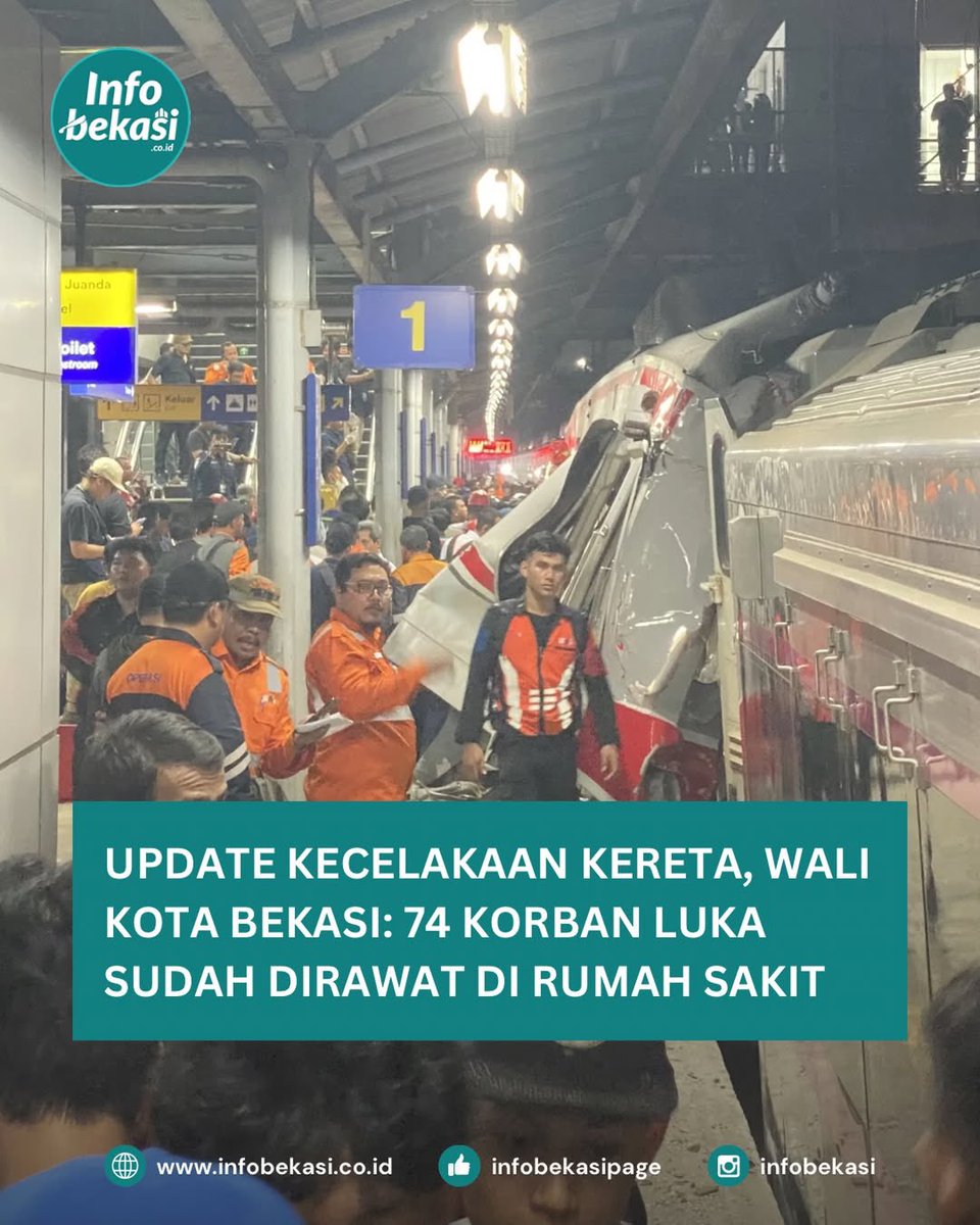 Wali Kota Bekasi Tri Adhianto mengatakan, sebanyak 74 penumpang kereta yang terluka akibat insiden kecelakaan di Stasiun Bekasi Timur telah dievakuasi ke rumah sakit untuk mendapatkan penanganan medis. Tri menuturkan, 59 korban dirawat di RSUD Kota Bekasi, 12 di RS Primaya Bekasi