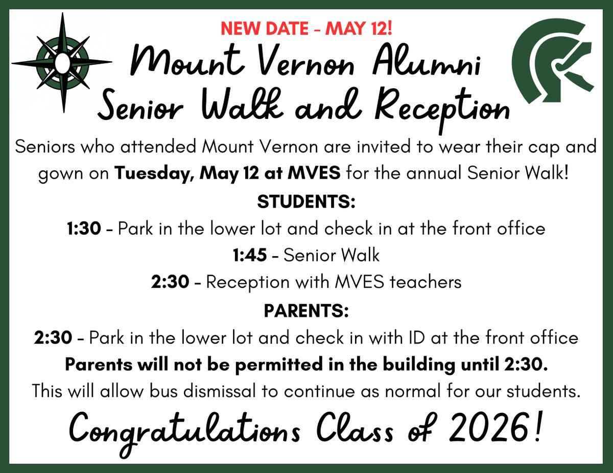 MVESGainesville's tweet photo. NEW DATE! #Classof2026 Senior Walk and Reception! Tuesday, May 12th 💚🎓🎉 @northhallhigh @Mvestrojans_pto @Hall_Schools https://t.co/RNN7kDRVDd