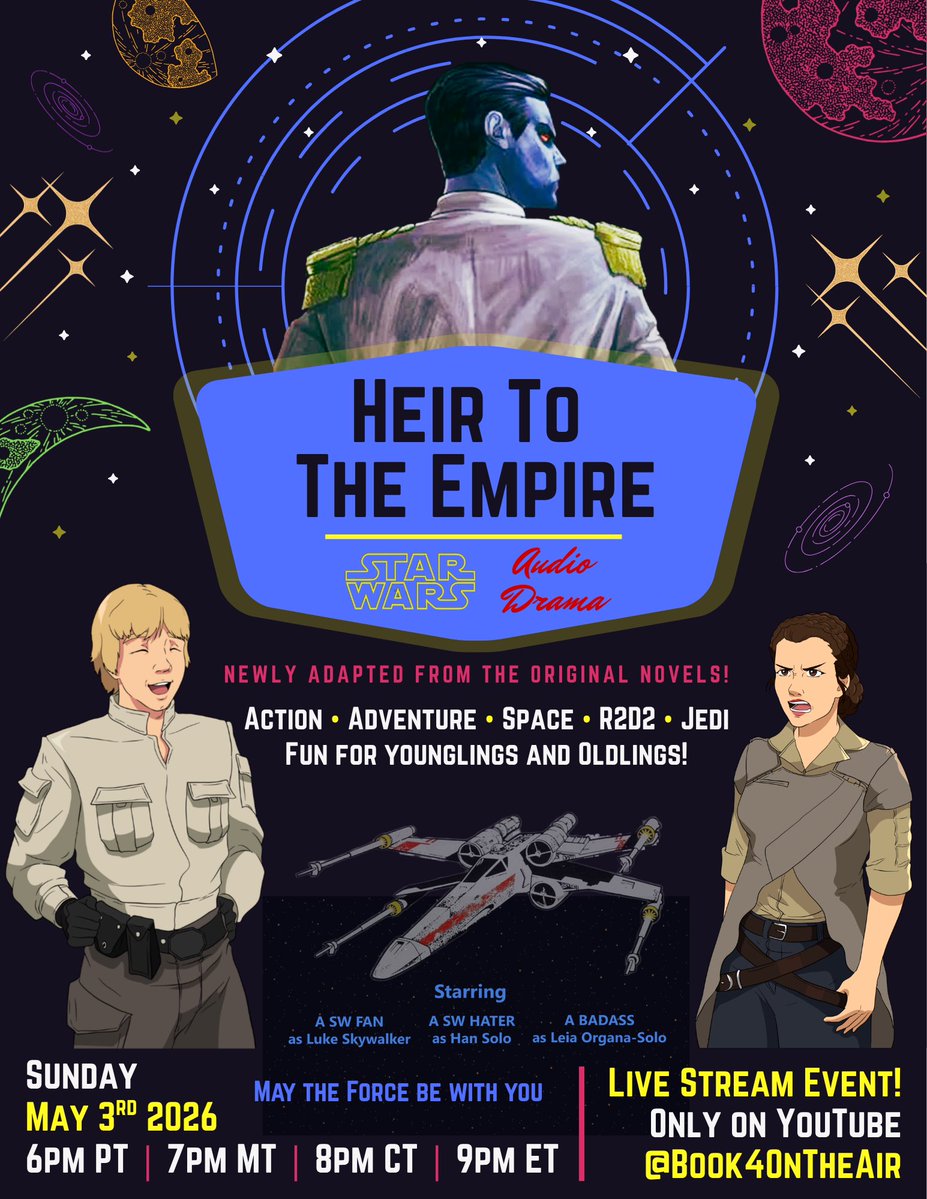 Book4Air's tweet image. Hey Book 4 Acolytes!

While we wait for new episodes to be produced, you can still come hear our VAs act in a live #StarWars audio play!

Heir to the Empire - adapted to fit in Lucas canon (OT, PT, and CW).

Live on stream. Sunday May 3rd at 6pm Pacific.

youtube.com/@book4_ontheair
