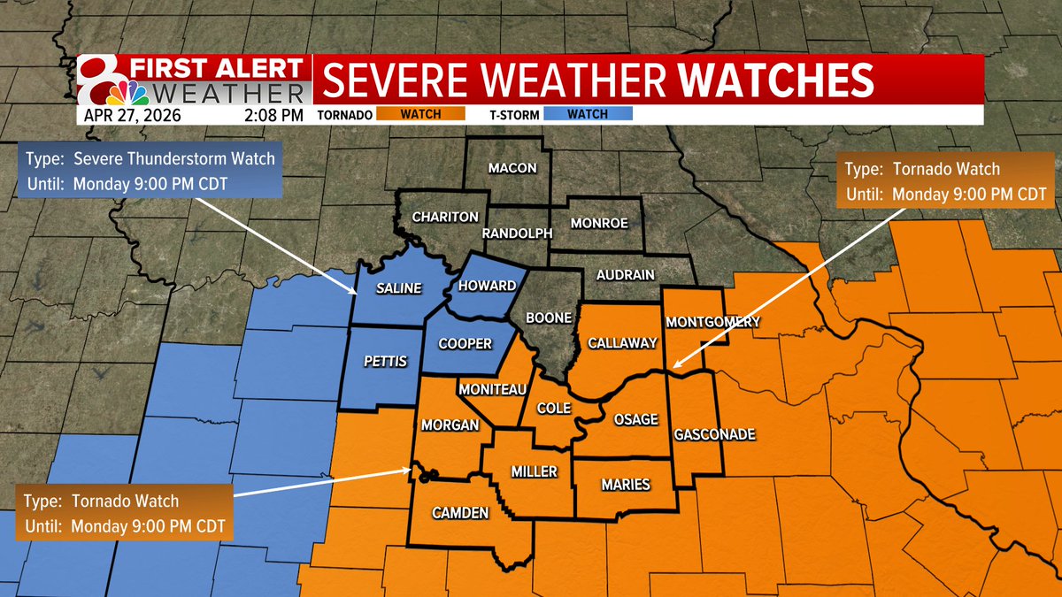KOMUMatt's tweet image. 2PM Monday UPDATE: A Severe Thunderstorm Watch has been added in addition to the tornado watch. Please note, that while Boone County might not be under a watch officially, we should act like it is... I can't rule out any kind of warning. #MidMoWx #MoWx #MidMo