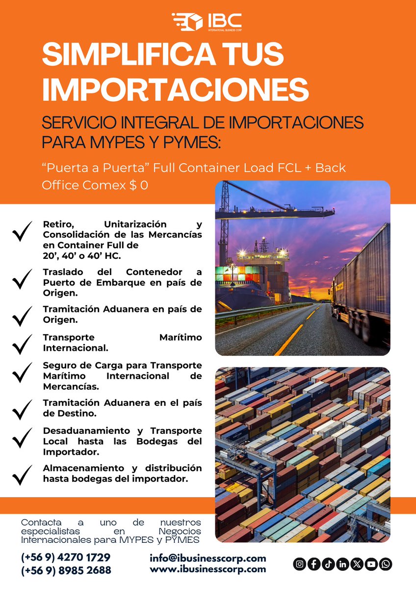 i_business_corp's tweet image. SIMPLIFICA TUS IMPORTACIONES
Servicio Integral de Importaciones para MYPES y PYMES:
“Puerta a Puerta” Full Container Load FCL + Back Office Comex $ 0

#ibc #import #export #forwarder #logistics #mipe #MSEs #pyme #sme #chile #china #india #latam #peru #us