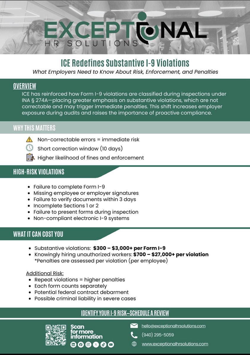 nkatz7's tweet image. I-9 mistakes aren’t fixable anymore. They’re fines.

$300–$3,000+ per form
Up to $27,000 per violation

We audit, fix, and protect before ICE shows up.

Social@EHRShr.com or exceptionalhrsolutions.com/services/fract…
#HR #Compliance #Founders