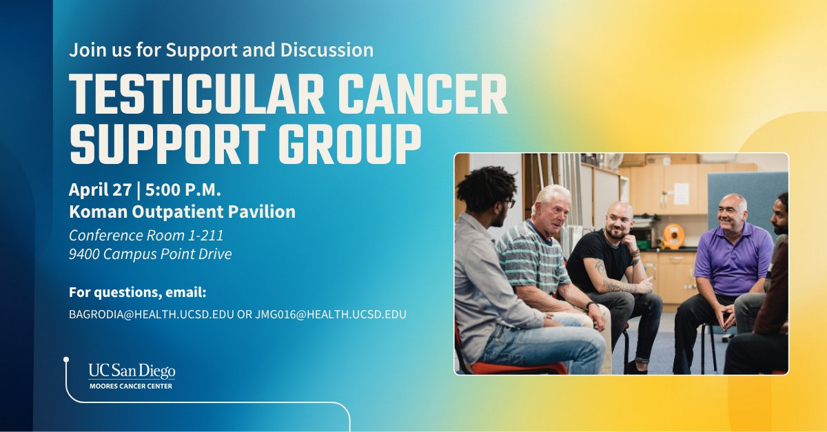 UCSDCancer's tweet image. New Testicular Cancer Support Group launching for Moores Cancer Center &amp;amp; UC San Diego Health patients 

📅 April 27 | 5 PM (come when you can)
📍 Koman Outpatient Pavilion

Open to patients, survivors &amp;amp; caregivers, community and support matter.

#TesticularCancer #CancerSupport