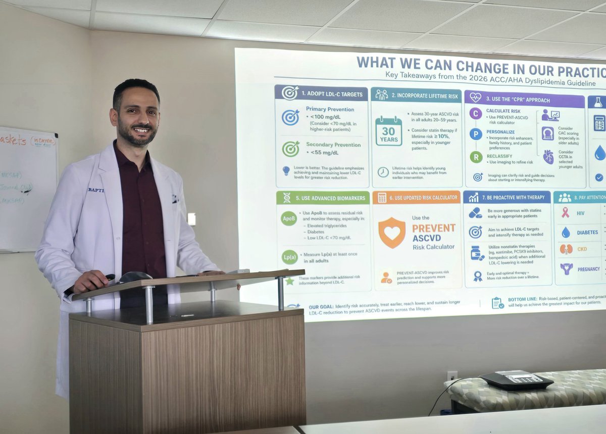 MichaelBashirMD's tweet image. I had the pleasure of presenting the 2026 American College of Cardiology / American Heart Association dyslipidemia management guidelines at our journal club and leading a discussion on how to implement these updates in our residency clinic

#Cardiology #InternalMedicine #ACC #AHA