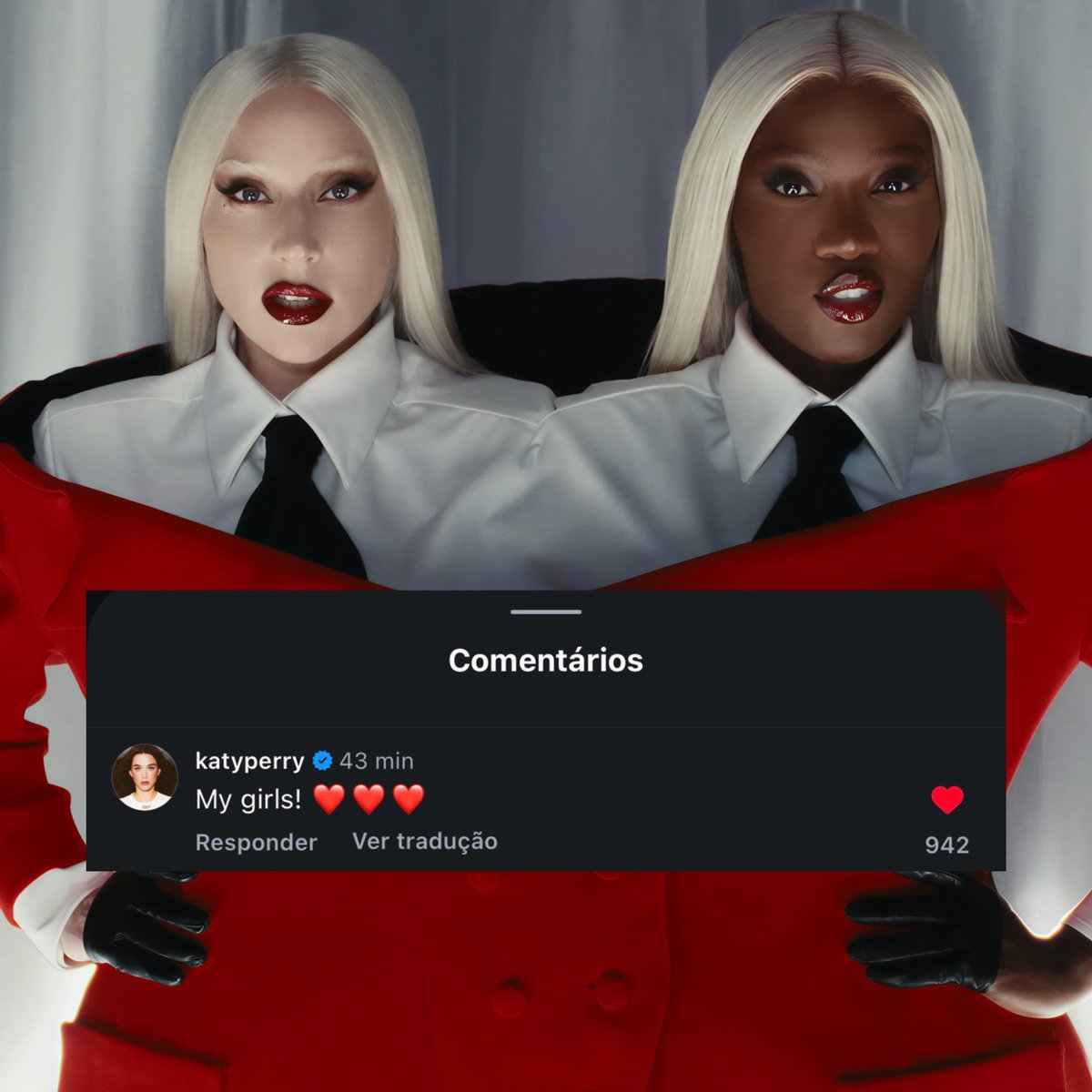 SÃO ELAS! 👠 Katy Perry enaltecendo Gaga e Doechii em comentário no Instagram sobre o clipe de “Runway”: “Minhas garotas! ❤️❤️❤️”