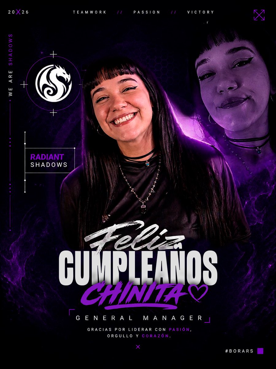RadiantShadows_'s tweet photo. 🎉 Hoy no es un día cualquiera… hoy celebramos a quien está detrás de todo 💜

Feliz cumpleaños, Chinita 🎂✨ (@chinardavibes) 
Nuestra General Manager, la persona que mantiene todo en orden, que empuja, organiza y nunca baja los brazos.

Gracias por liderar con pasión, por bancar cada momento y por ser una pieza clave en este equipo 🐉

Hoy celebramos no solo tu día, sino todo lo que hacés por nosotros día a día.

Que este año venga con más logros, más metas cumplidas y muchas alegrías 🚀

#BORARS 💜