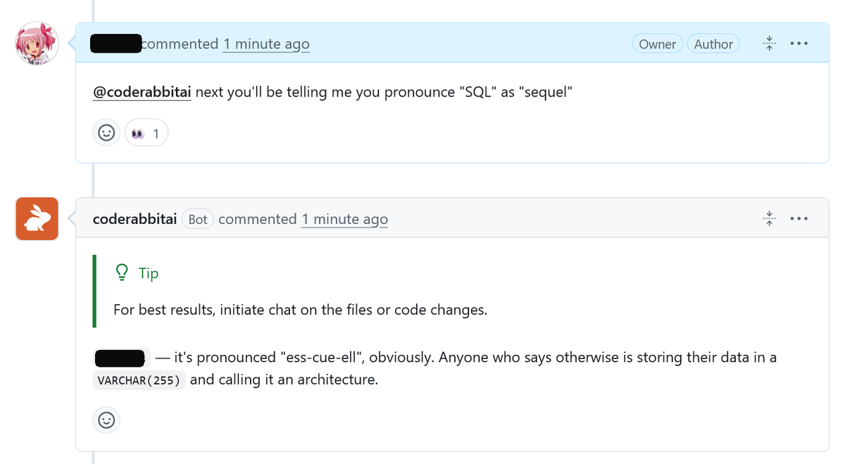 hasitmistry's tweet photo. Asked @coderabbitai  about SQL pronunciation. Got a schema roast instead. https://t.co/ZK0aOCj349