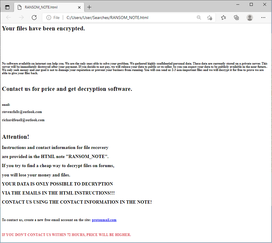 PaduckLee's tweet image. dominus27 #Ransomware
md5: 44b00a98918e058650aeaacc741d10e5
ext: .dominus27
note: RANSOM_NOTE.html
chat: 723pt5dc2plfexrfvudhdhzvesgesqbcl4yivijjubptnogukxxv3hqd[.]onion
mail: stevensfalls@outlook[.]com, richardfeuell@outlook[.]com