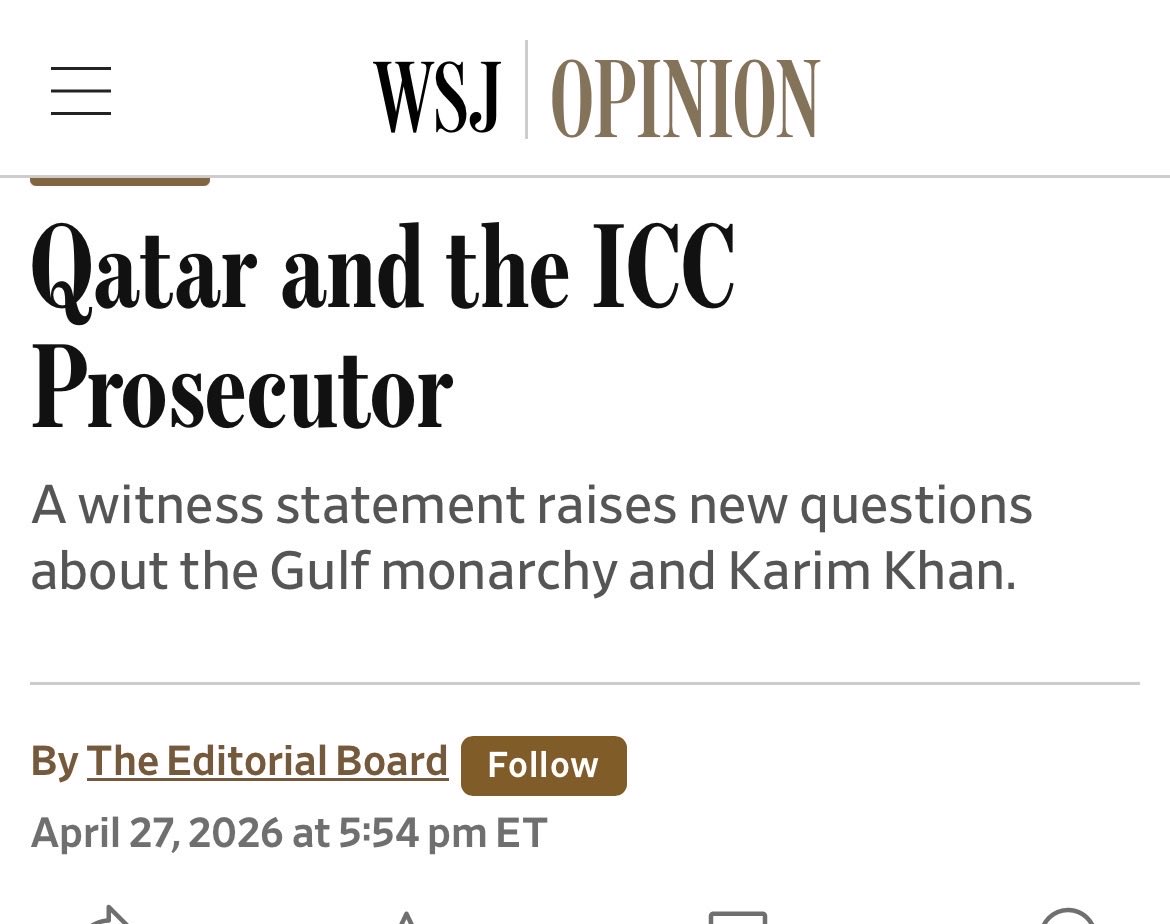 WSJ 

The ICC prosecutor that  requested arrest warrants for Netanyahilu, soon after he’d been accused of sexual assault, now faces disciplinary proceedings

A witness statement says Qatar promised to “look after” him if he moved against Israel’s leader