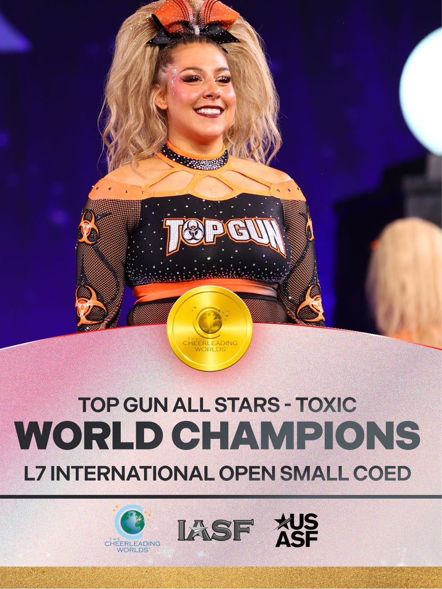 FloCheer's tweet photo. Congratulations to the #CheerWorlds2026 L7 International Open Small Coed Medalists!

🥇Top Gun All Stars - Toxic (USA)
🥈The California All Stars-Livermore - Ghost Recon (USA)
🥉CheerForce San Diego - Nfinity (USA)

📸: Action Moments https://t.co/7UCYU6KR38