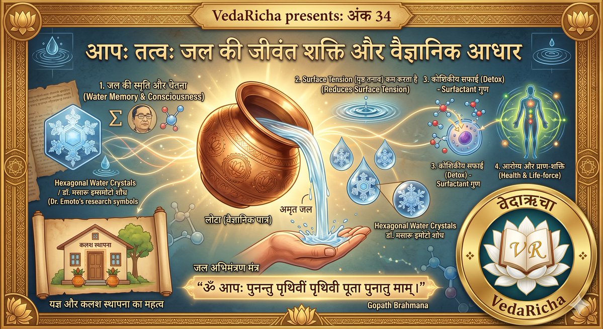 VedaRicha's tweet image. 🧵 थ्रैड 1/6
अथर्ववेद एवं गोपथ ब्राह्मण: अंक 34

'जल ही जीवन है'—यह एक गहरा वैदिक सत्य है। गोपथ ब्राह्मण (2.5) स्पष्ट कहता है:

"आपो वै भेषजीः।"

अर्थात् जल ही वह परम औषधि है जो प्राणों का आधार है। यह सृष्टि के पोषण और आरोग्य का प्रथम सोपान है।
#VedaRicha #WaterScience #LifeForce