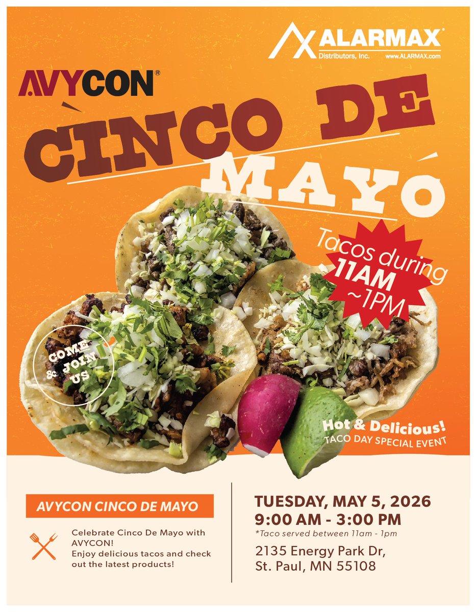 AVYCON_AIVO's tweet image. Celebrate Cinco de Mayo with tacos and tech! 
@AVYCON_AIVO showcases Starllion Cloud VMS and AI-powered surveillance.
Grab tacos and join us on May 5th!

#cctv #cctvcamera #surveillance #securitycamera #security #ALARMAX #AVYCON #CincoDeMayo #TacoDay #SaintPaul #MN #Minnesota