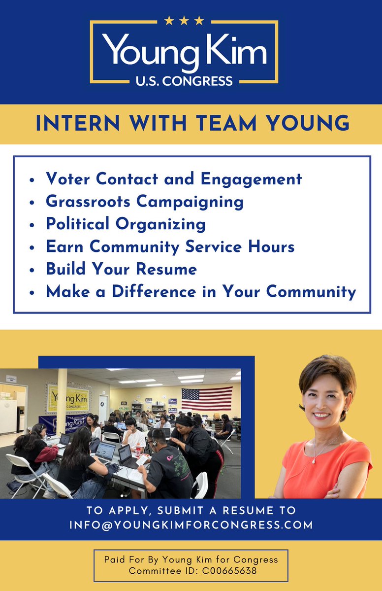 YoungKimCA's tweet image. Looking for an internship? Intern with #Team Young to gain experience with voter contact and engagement, grassroots campaigning, and political organizing while building your resume. Apply to join #Team Young today!  #CA40.