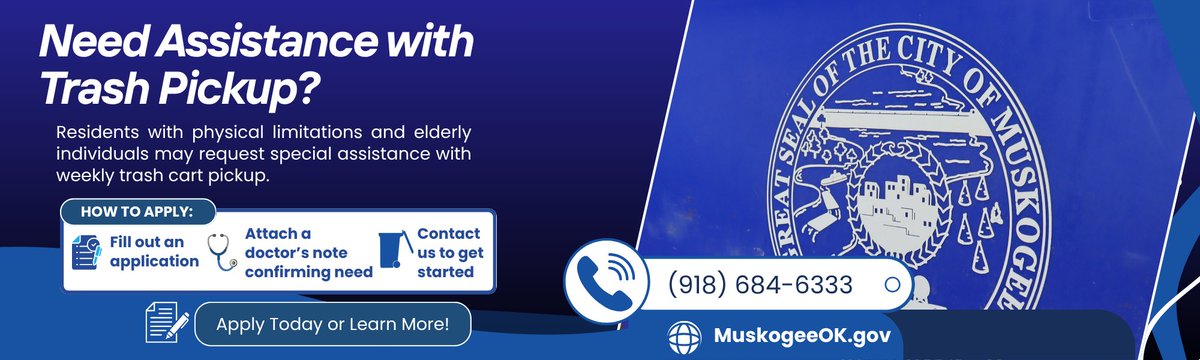CityofMuskogee's tweet photo. Need Assistance with Trash Pickup?  The City of Muskogee offers special assistance for residents who are elderly or have physical limitations. If you need help with your weekly trash cart pickup, we’re here for you.  How to Apply: • Fill out an application • Attach a doctor’s note confirming your need • Contact Public Works to get started  Call us at (918) 684-6333 Learn more or apply today: https://t.co/dutwQBSZhJ