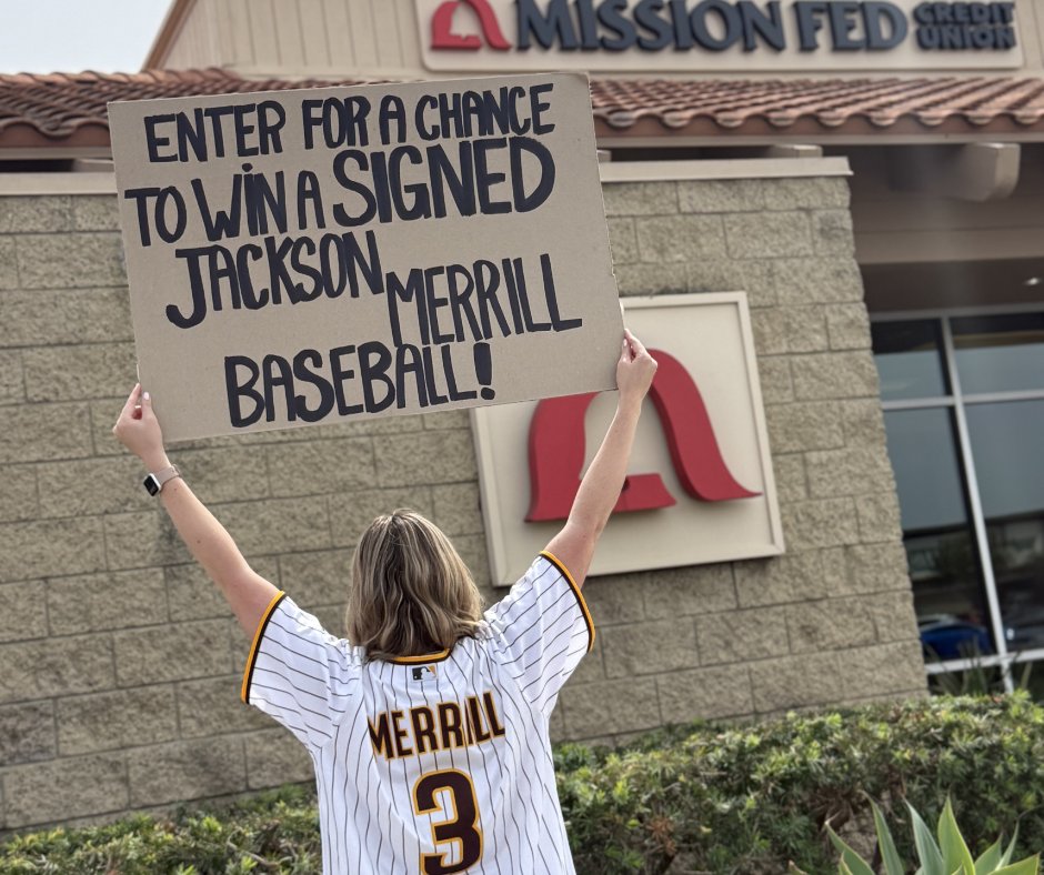 MissionFed's tweet photo. Last call, Padres fans. 🤎💛

Final week to enter to win an autographed Jackson Merrill baseball and grab a limited-edition rally towel.

#jacksonmerrill #missionfed

While supplies last. No purchase necessary. See complete rules at https://t.co/XsKp5lGOtn. https://t.co/FHQMUCxxwx