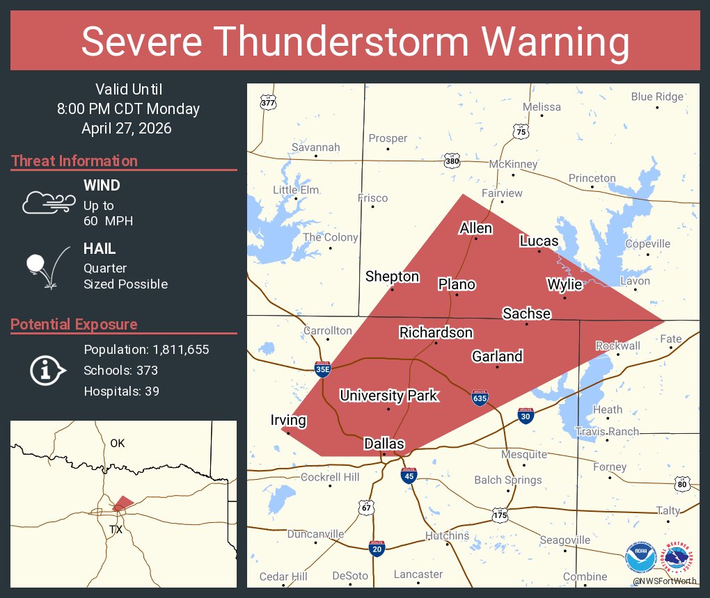 NWSSevereTstorm's tweet photo. Severe Thunderstorm Warning including Dallas TX, Plano TX and  Garland TX until 8:00 PM CDT https://t.co/llIHMcYIjb