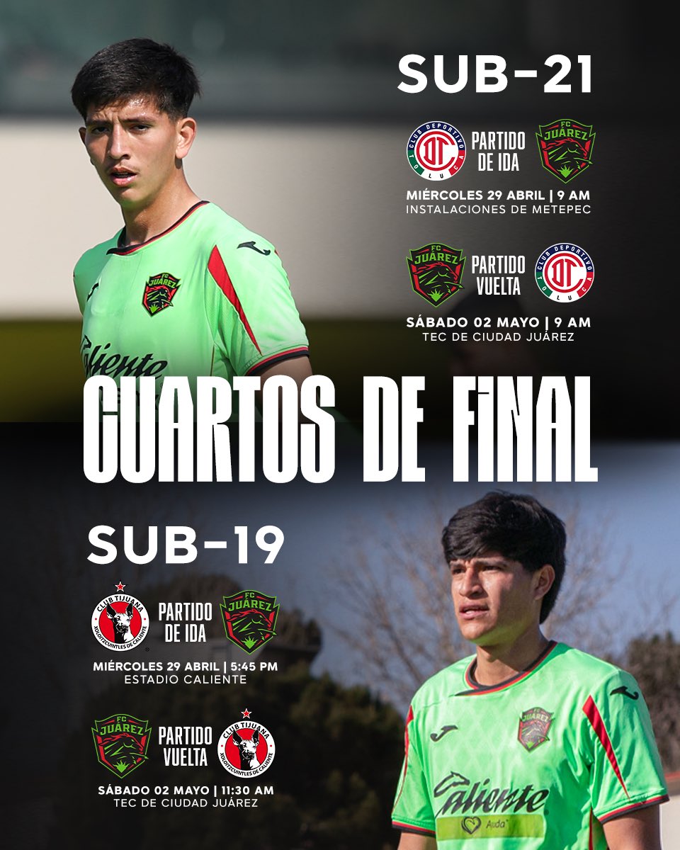 fcjuarezoficial's tweet photo. Se viene la LIGUILLA 💚👏
Sub-21 y Sub-19 a Cuartos de Final.

Trabajo, carácter y a pelear cada minuto 🐎🔥 https://t.co/W6lHaeH9Om