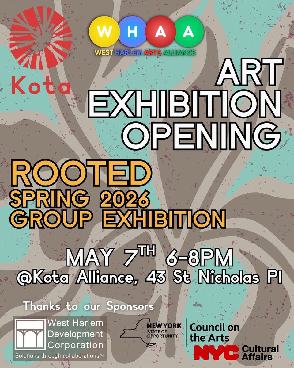 WestHarlemDC's tweet image. The Kota Alliance and WHAA are proud to present ROOTED—a group exhibition exploring the visible and invisible roots that shape who we are, and the ones we choose to plant in the world.

RSVP: eventbrite.com/e/1986559494926

#Creative #Artist #Rooted