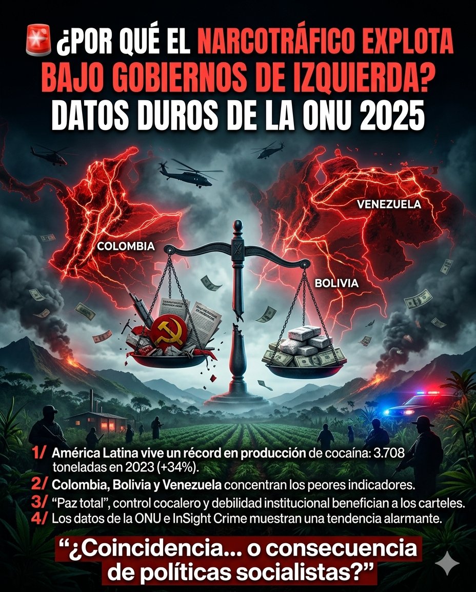 Alejand17875036's tweet image. HILO 1:
🚨 ¿Por qué el narcotráfico explota bajo gobiernos de izquierda?
Datos duros de la ONU 2025
1/ América Latina vive un récord en producción de cocaína: 3.708 toneladas en 2023 (+34%). Casi todo sale de la región andina. ¿Casualidad? UNODC e InSight Crime muestran tendencia