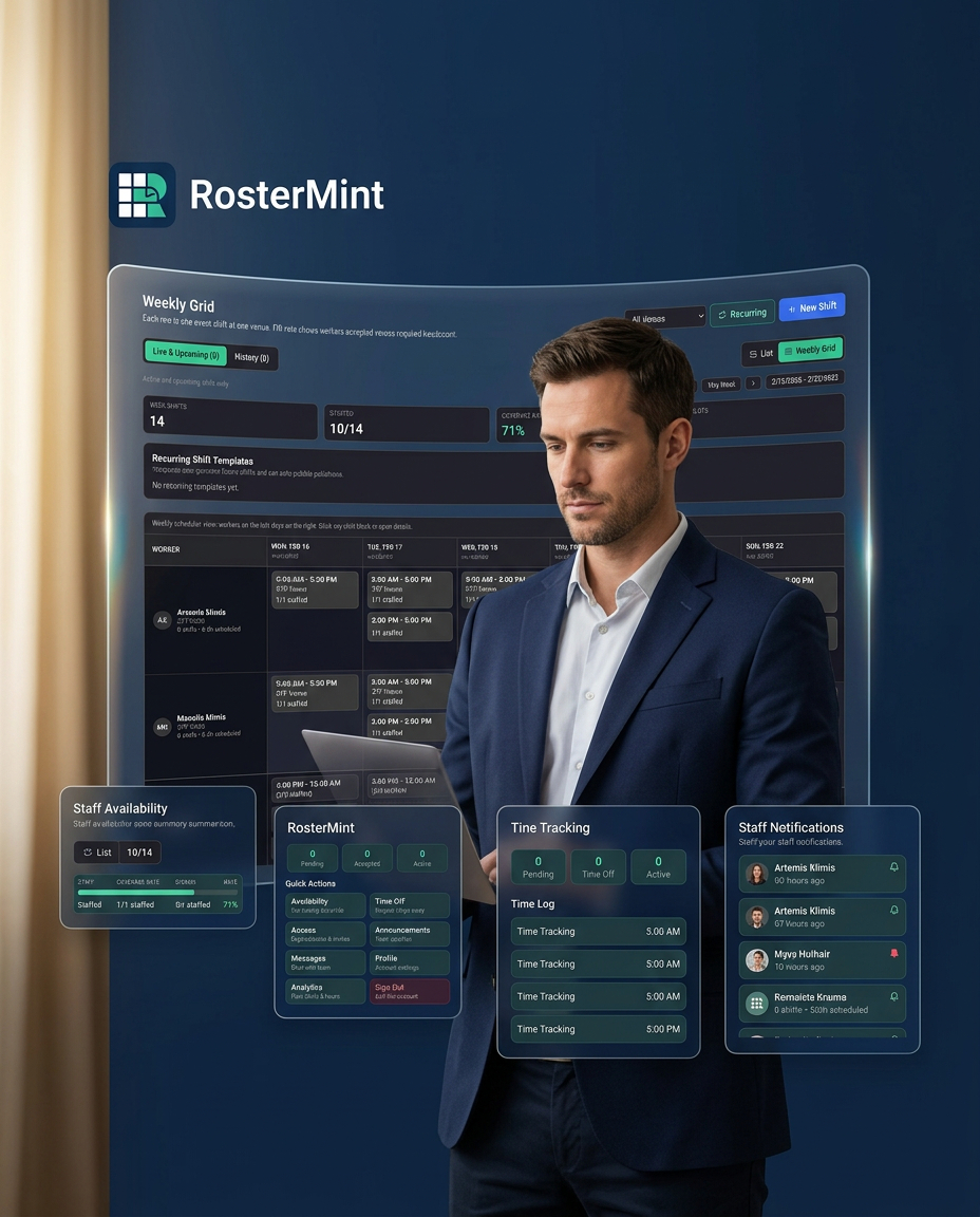 RosterMintApp's tweet image. Monday = fresh start. Not spreadsheet chaos. 🔄

RosterMint automates shift scheduling, time tracking &amp;amp; compliance—so your team stays on the same page, stress-free. #WorkforceManagement #HRtech