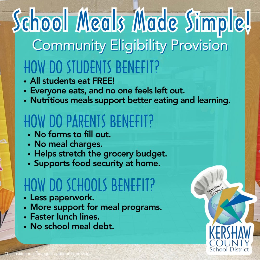 KCSDNutrition's tweet photo. 📚 Fuel for learning starts in the cafeteria! Thanks to the Community Eligibility Provision, students can dine with us at no cost.

@kcsdschools #mykcsd #KershawSC #KershawSouthCarolina #Kershaw #SCschools #KershawCounty https://t.co/oqw2kzUfha