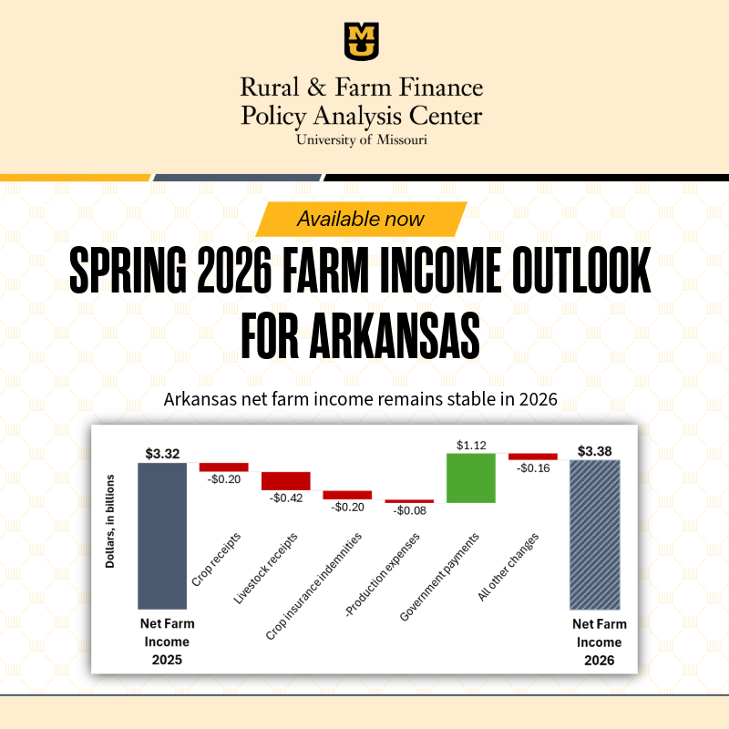 RaFFfinance's tweet photo. ➡️ Available now: Spring 2026 Farm Income Outlook for Arkansas

📰 Net farm income (NFI) in Arkansas is projected steady in 2026, due to a 179% surge in govt payments ($1.75B). 
🌱 Crop receipts -5%
🐔 Livestock receipts -5%
📉 Expenses +1%

Read it here https://t.co/l5mcuhVKai https://t.co/NbuhAJMnxv