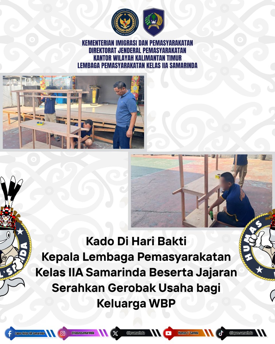 lpsamarinda's tweet image. Kado Di Hari Bakti. Kepala Lembaga Pemasyarakatan Kelas IIA Samarinda Beserta Jajaran Serahkan Gerobak Usaha bagi Keluarga WBP

#HBP62
#Kemenimipas
#guardandguide
#ditjenpas
#pemasyarakatan
#lapaSamarinda