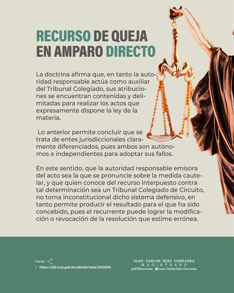 JCDCarranza's tweet photo. RECURSO DE QUEJA EN AMPARO DIRECTO

La doctrina sostiene que un Tribunal Colegiado de Circuito debe resolver el recurso de queja interpuesto contra la resolución de suspensión del acto reclamado emitida por la responsable.

Ello, no violan el derecho humano de acceso a la justicia, en su vertiente de acceso a un recurso efectivo.