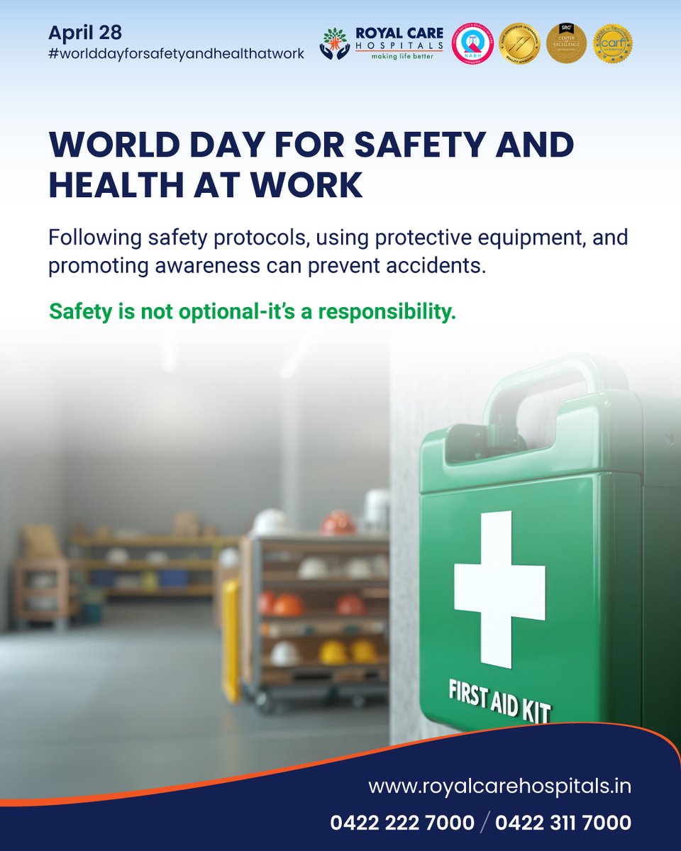 RoyalcareH's tweet image. On World Day for Safety and Health at Work, let’s prioritize the well-being of every worker by creating safer environments, promoting awareness, and preventing occupational hazards.

royalcarehospitals.in

#worksafety #safetyfirst #occupationalhealth #workplacesafety