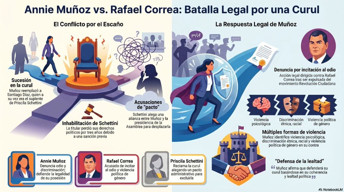 #ECUADOR | La asambleísta Annie Muñoz anunció acciones legales contra el expresidente, #RafaelCorrea, y miembros del partido izquierdista Revolución Ciudadana por presunta incitación al odio y violencia política.

El conflicto surge por la disputa de una curul tras la suspensión