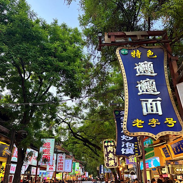 𰻝𰻝面を食べたお店で、こっちもおすすめと言われた油泼面。ビャンビャンの麺を使った…ネギがメインの？シンプル麺？似ている。食べたのはめちゃ食べ物屋さんが並ぶ回民街。名物もご飯もおやつもお土産やさんめにぎやかな通り。