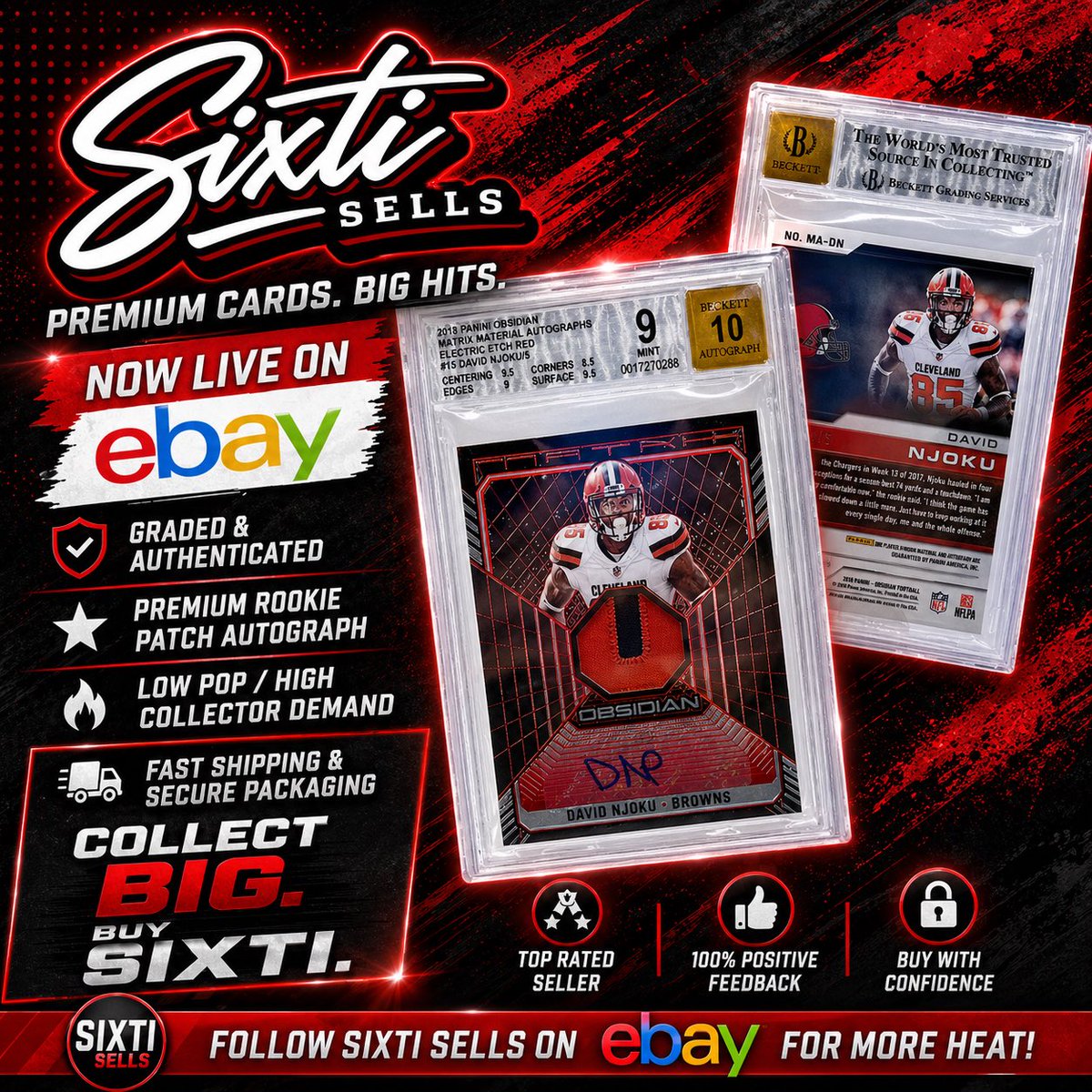 SixtiSells's tweet photo. 🚨 THIS IS A BUY SIGNAL 🚨

3/5 David Njoku Patch Auto
BGS 9 / AUTO 10 💎

Low pop. Real scarcity.
The type of card that quietly disappears… then never comes back at this price.

Collectors know you don’t find these twice.

🛒 Live now on eBay
⚡ Fast shipping. Bulletproof packaging. No risk.

If you’re serious about your collection… this isn’t a maybe.

👇 Tap in before someone else does
https://t.co/ZGbE0L2xH4