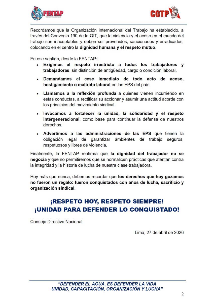 FENTAP4's tweet image. ¡POR EL RESPETO, LA DIGNIDAD Y LA UNIDAD EN LAS EPS DEL PERÚ!

#Arequipa #Piura #CGTP #cgtpperu @seguidores