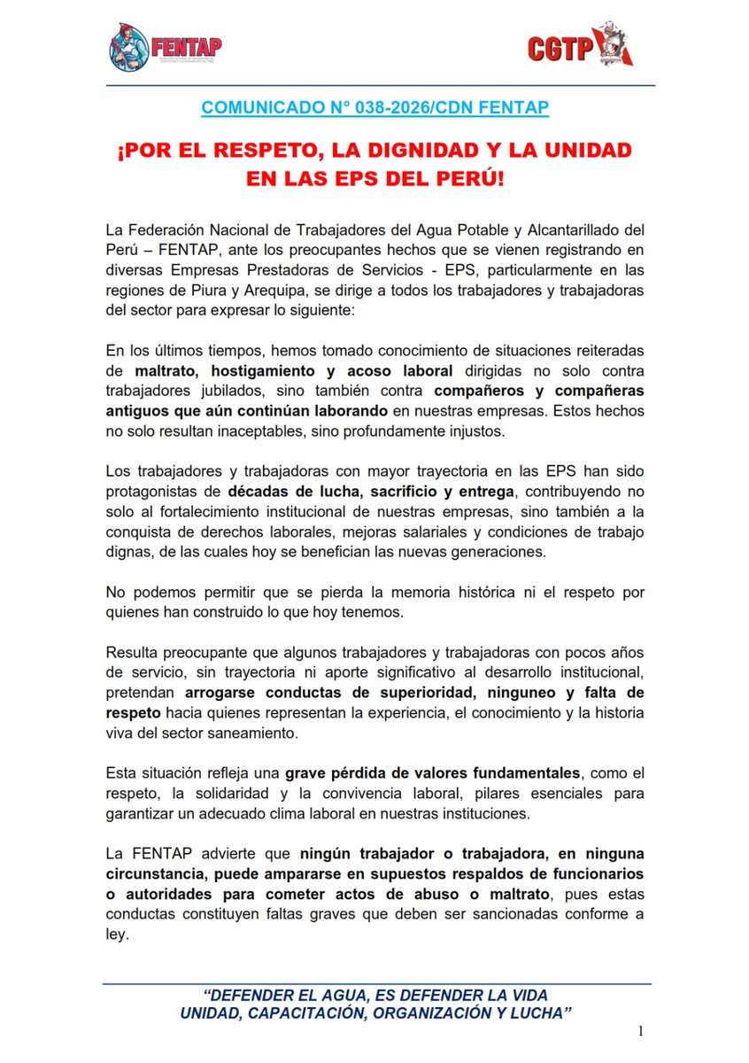 FENTAP4's tweet image. ¡POR EL RESPETO, LA DIGNIDAD Y LA UNIDAD EN LAS EPS DEL PERÚ!

#Arequipa #Piura #CGTP #cgtpperu @seguidores