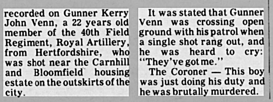 OnThisDayPIRA's tweet image. #OnThisDay in 1973 the IRA murdered Kerry John Venn, 22. Married father of 1. Royal Artillery soldier murdered on foot patrol, shot x1 crossing ground between Bloomfield/Cairnhill, Shantallow,  Londonderry. Gnr Venn was heard to say "They`ve got me"
belfasttelegraph.co.uk/news/northern-…… #OTD